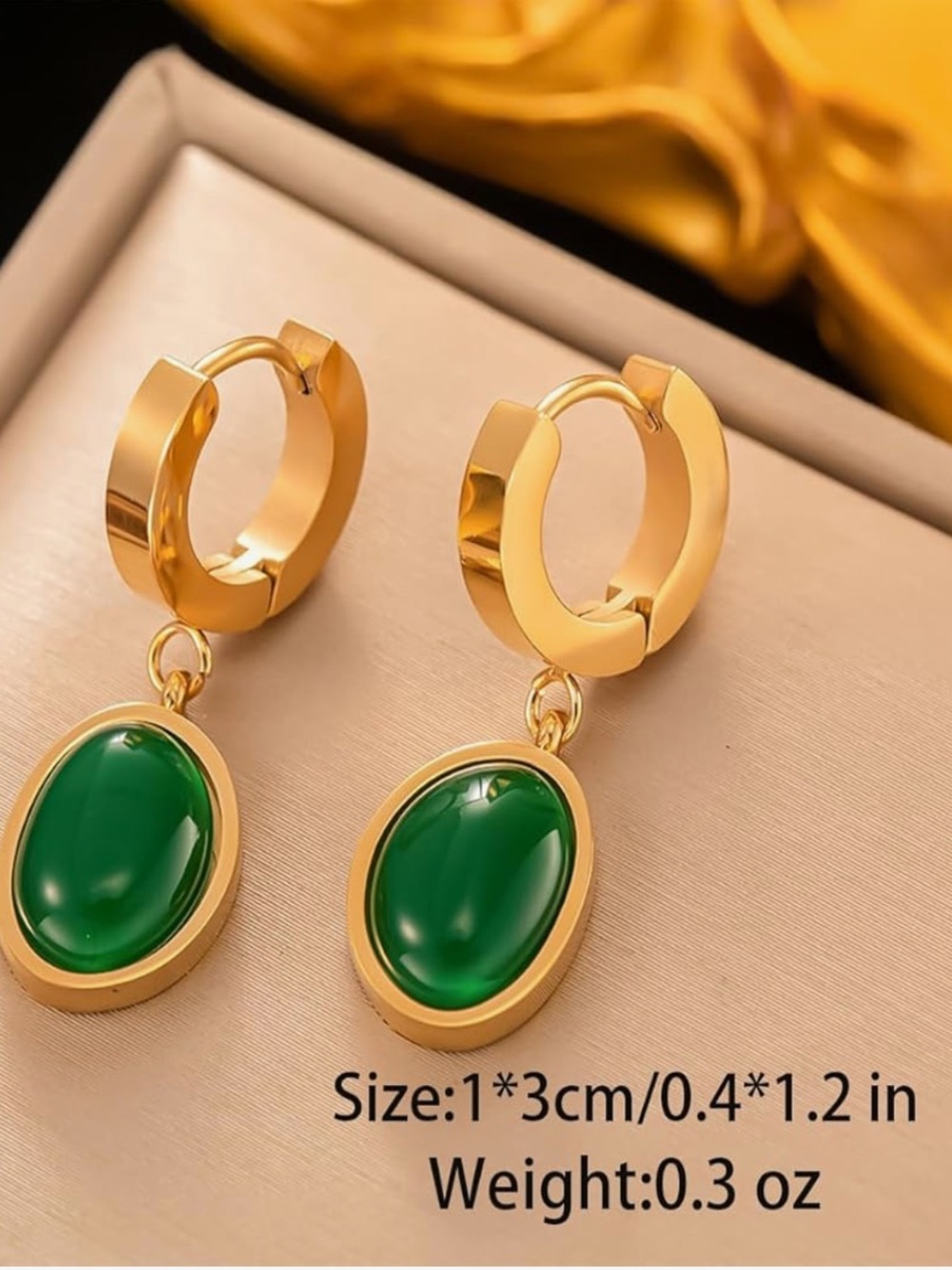 Anthropologie Gold Hoop Earrings with Emerald Green Drops - Picture 2 of 3